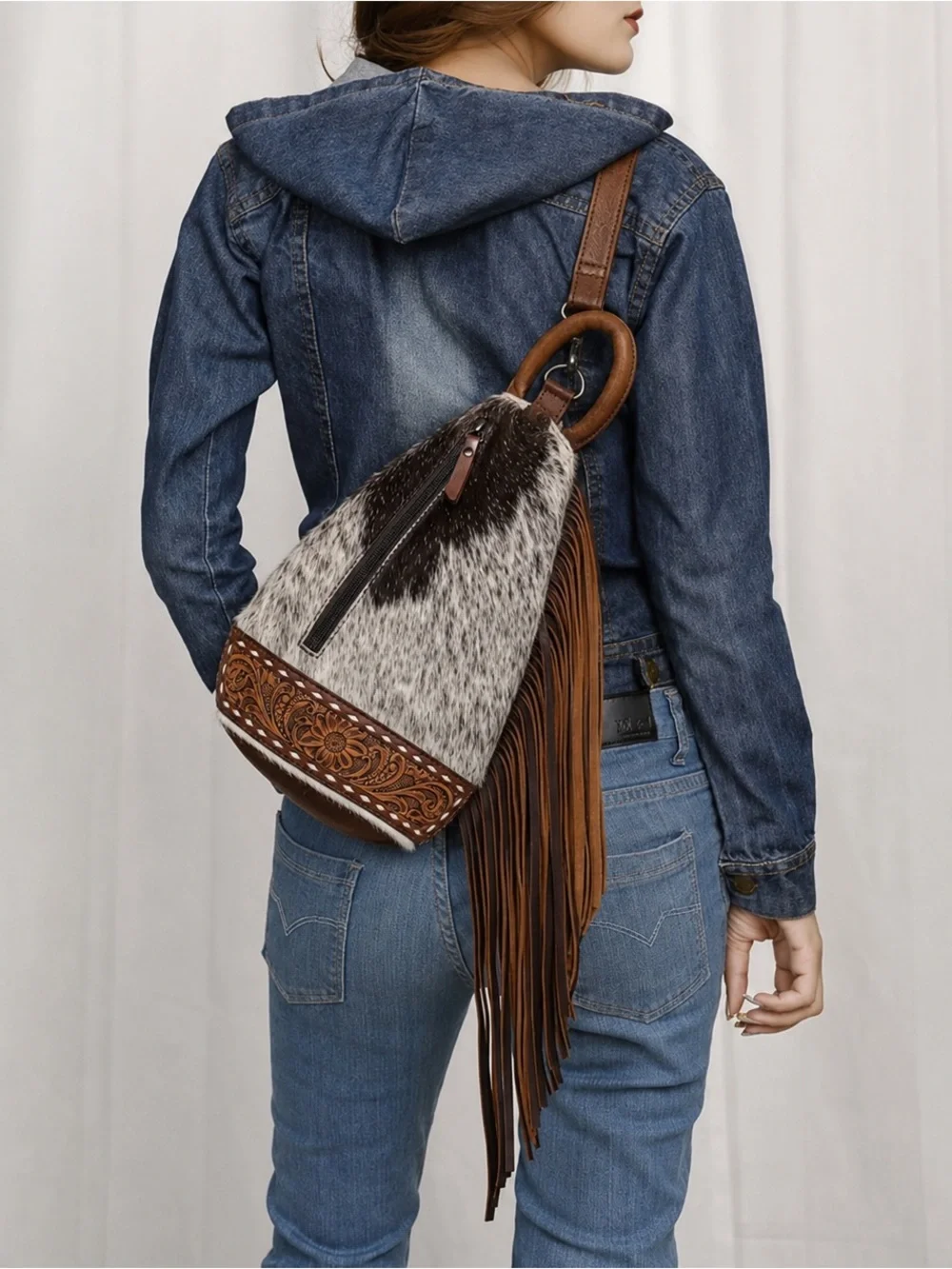 American Darling Hair-On Cowhide Leather Sling Backpack + Matching Card Holder⭐️